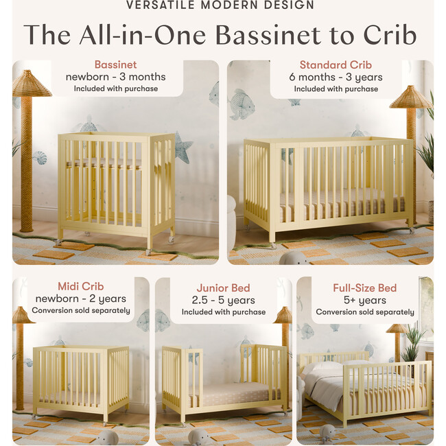 Rolli 9-in-1 Convertible All-Stages® Crib with Bassinet & Toddler Bed Conversion Kits in Pale Yellow - Cribs - 9