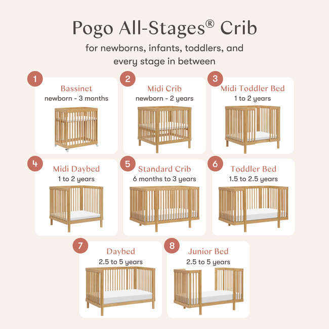 Pogo 8-in-1 Convertible Crib with All-Stages Conversion Kits in Honey - Cribs - 2