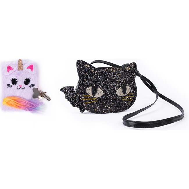 Magical Caticorn Journal and Black Kitty Purse, 2pc Bundle