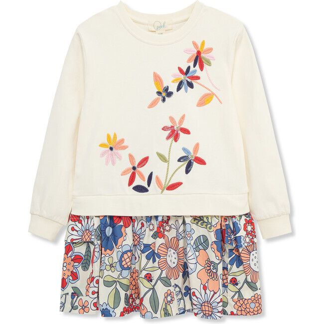 Floral Two-fer Dress, Off-White