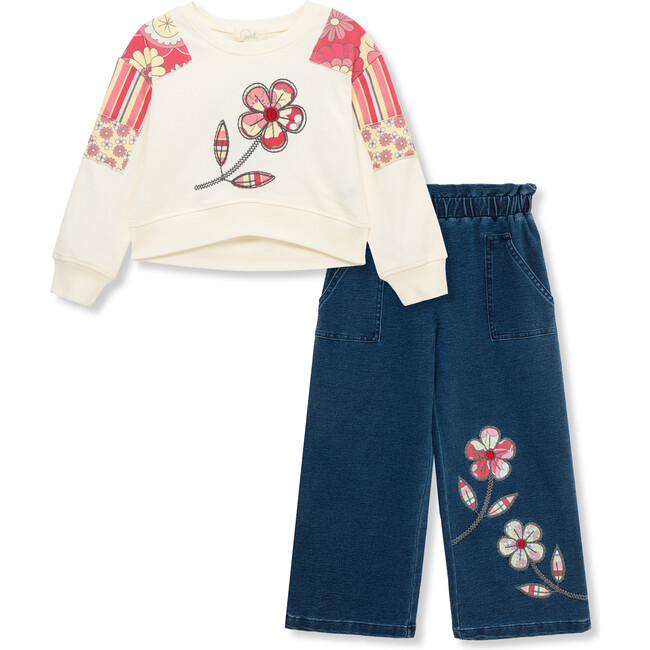 Floral Denim Pant Set, Off-White