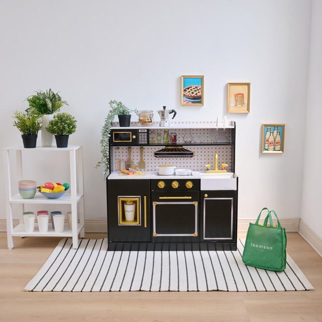 Teamson Kids Little Chef St. Louis 2-Pcs Wooden Play Kitchen with 15 Accessories, Black - Play Kitchens - 2