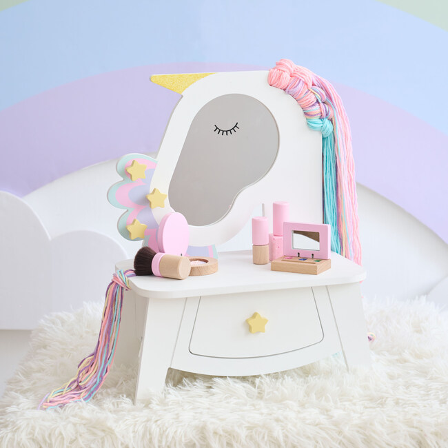 Teamson Kids Dreamy Unicorn Makeup Vanity Set Mirror & Drawer - Play Vanities - 2