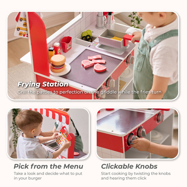 Teamson Kids Flip & Fry Wooden Burger Shop with 29 Pcs Accessories - Play Kitchens - 3