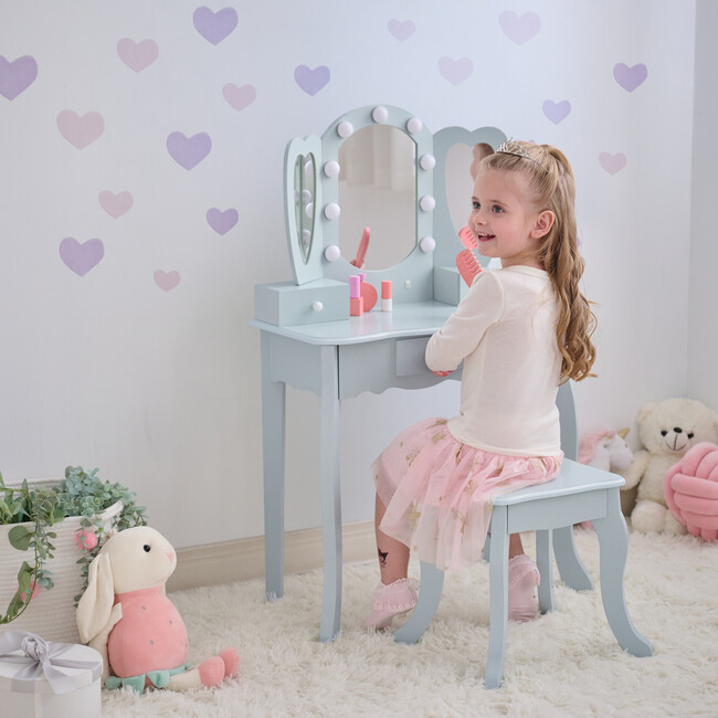 Teamson Kids Heart Glow Wooden Vanity Set with LED Lights Mirror & Stool - Play Vanities - 2