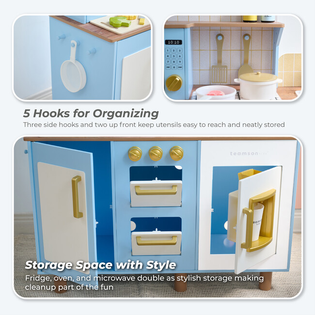 Teamson Kids Little Chef Hampton Wooden Play Kitchen with 17 Accessories, Blue - Play Kitchens - 5
