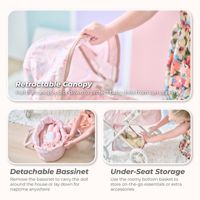 Olivia's Little World Confetti Doll Classic Stroller with Removable Bassinet - Doll Accessories - 3