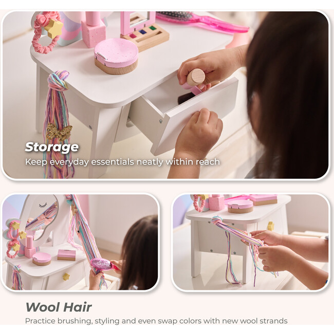 Teamson Kids Dreamy Unicorn Makeup Vanity Set Mirror & Drawer - Play Vanities - 6