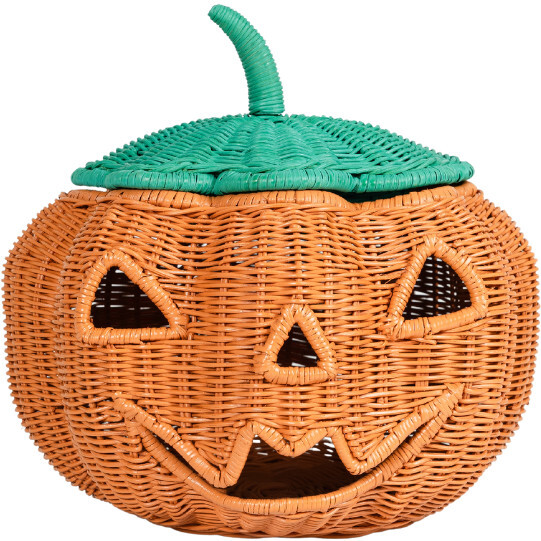Pumpkin Face Handcrafted Rattan Halloween Basket, Orange