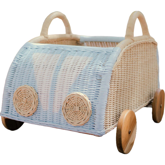 Archie Handcrafted Rattan Storage Wagon with Solid Wood Wheels, Pastel Blue & White
