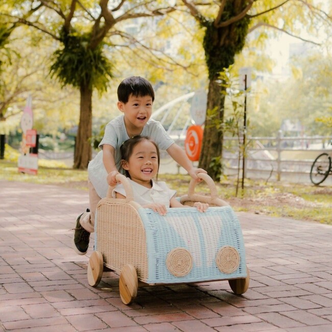 Archie Handcrafted Rattan Storage Wagon with Solid Wood Wheels, Pastel Blue & White - Storage Baskets - 2