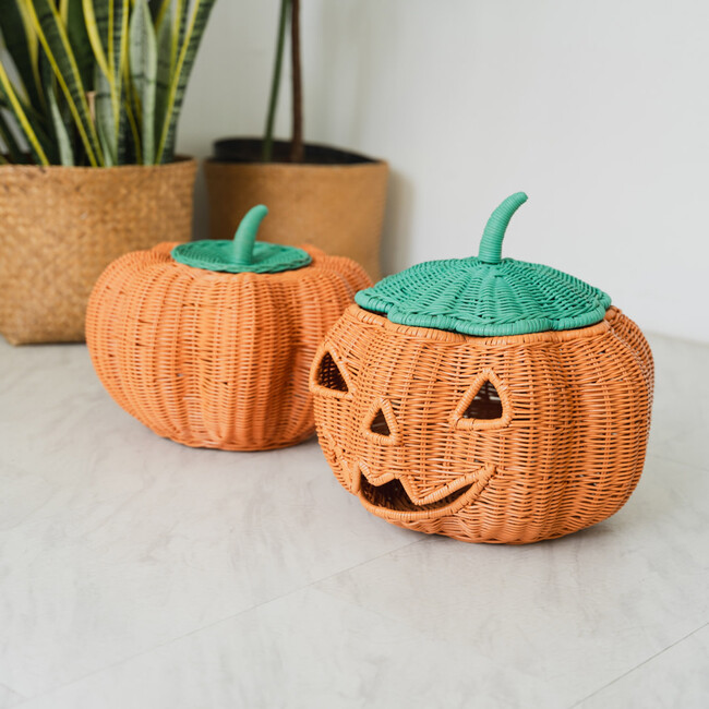 Pumpkin Face Handcrafted Rattan Halloween Basket, Orange - Storage Baskets - 5