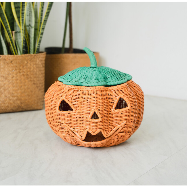 Pumpkin Face Handcrafted Rattan Halloween Basket, Orange - Storage Baskets - 6