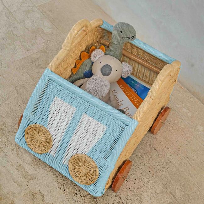 Archie Handcrafted Rattan Storage Wagon with Solid Wood Wheels, Pastel Blue & White - Storage Baskets - 6