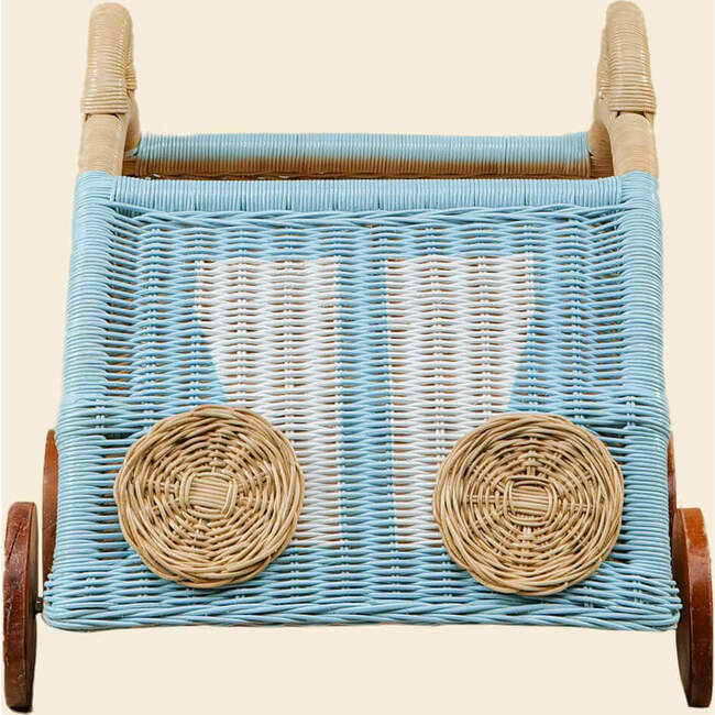 Archie Handcrafted Rattan Storage Wagon with Solid Wood Wheels, Pastel Blue & White - Storage Baskets - 8