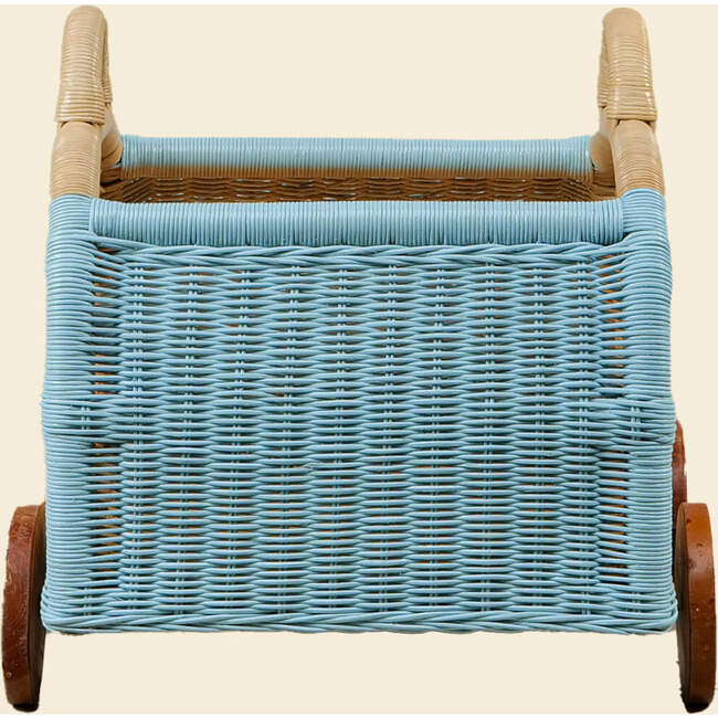 Archie Handcrafted Rattan Storage Wagon with Solid Wood Wheels, Pastel Blue & White - Storage Baskets - 9