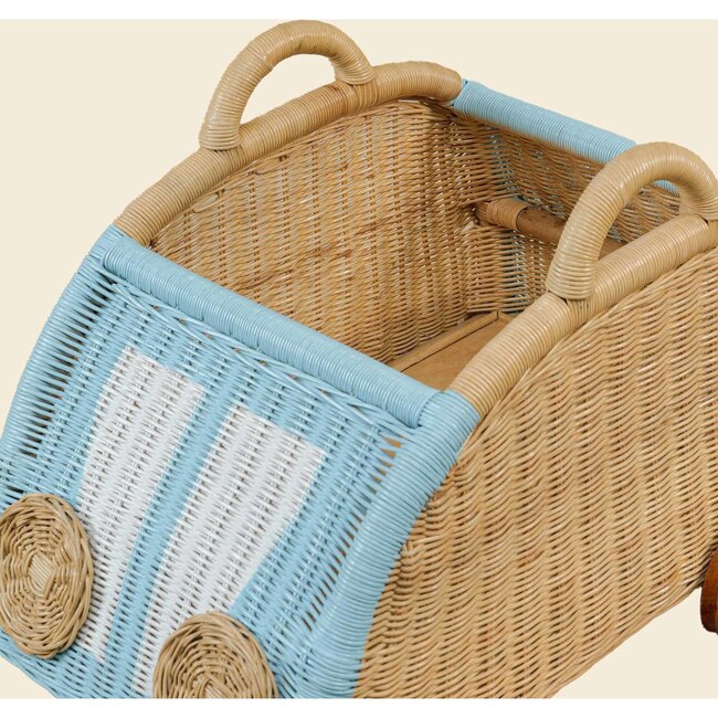 Archie Handcrafted Rattan Storage Wagon with Solid Wood Wheels, Pastel Blue & White - Storage Baskets - 10