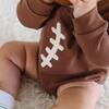 Football Lace Patch Long Sleeve Romper, Mocha - Rompers - 3