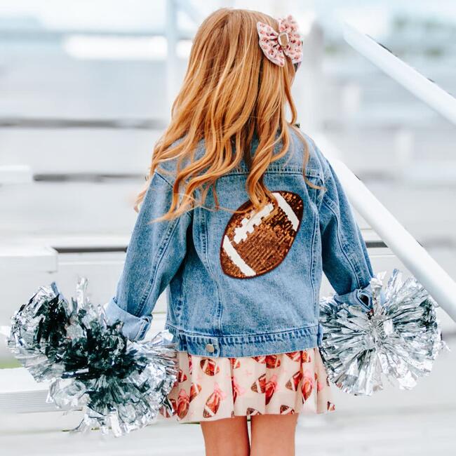 Game Day Football Sequin Patch Denim Jacket, Denim - Sweatshirts - 5