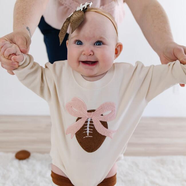 Coquette Football Patch Long Sleeve Romper, Natural - Rompers - 2