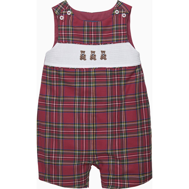 Teddy Bear Archie Smocked Romper, Red Tartan