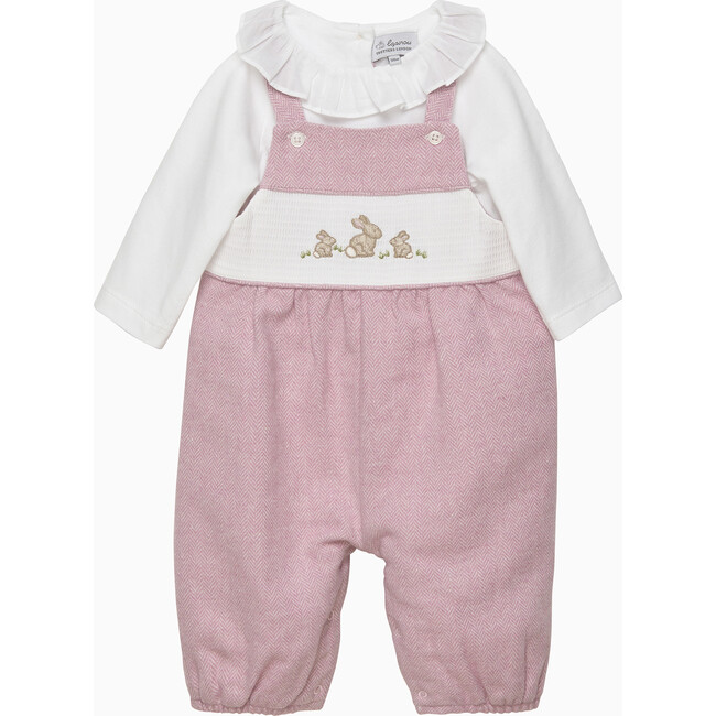 Bunny Smocked Dungaree Set, Pale Pink Herringbone