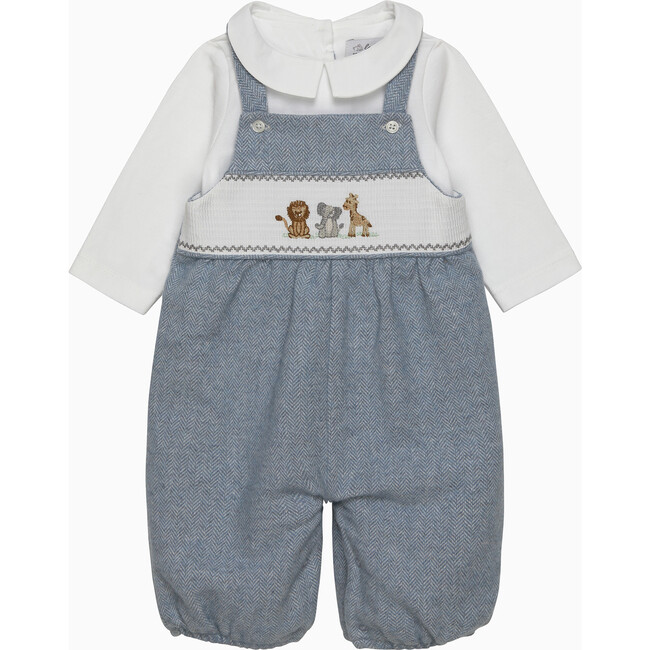 Augustus & Friends Smocked Dungaree Set, Pale Blue Herringbone