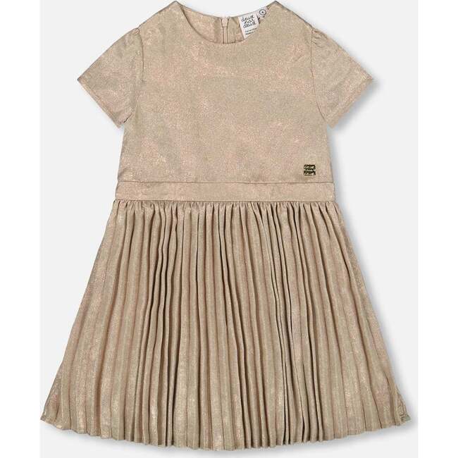 Short Sleeve Dress with Pleated Skirt Light Caramel, Golden Beige