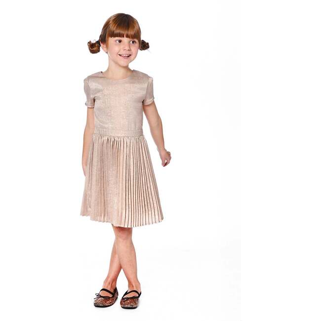 Short Sleeve Dress with Pleated Skirt Light Caramel, Golden Beige - Dresses - 2