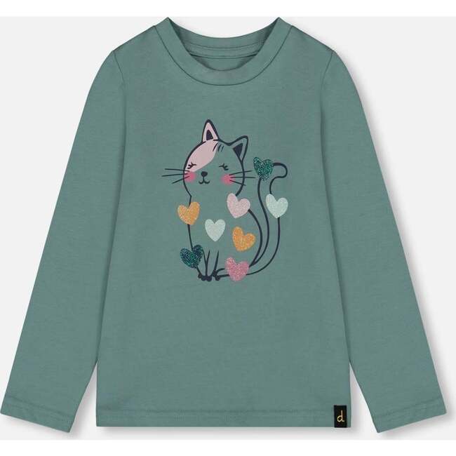 Organic Cotton T-Shirt with Cat, Sage