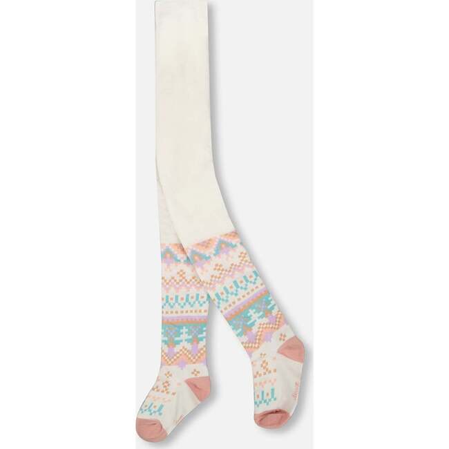 Knit Tights White Pink and Turquoise with Norwegian Jacquard, White, Pink and Turquoise