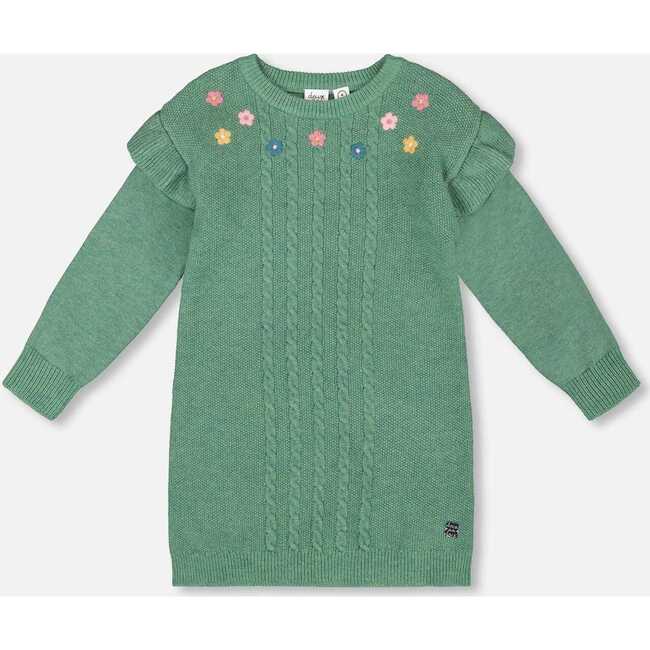 Knitted Dress with Ruffles and Floral Embroidery, Sage Green