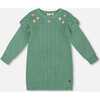 Knitted Dress with Ruffles and Floral Embroidery, Sage Green - Dresses - 1 - thumbnail