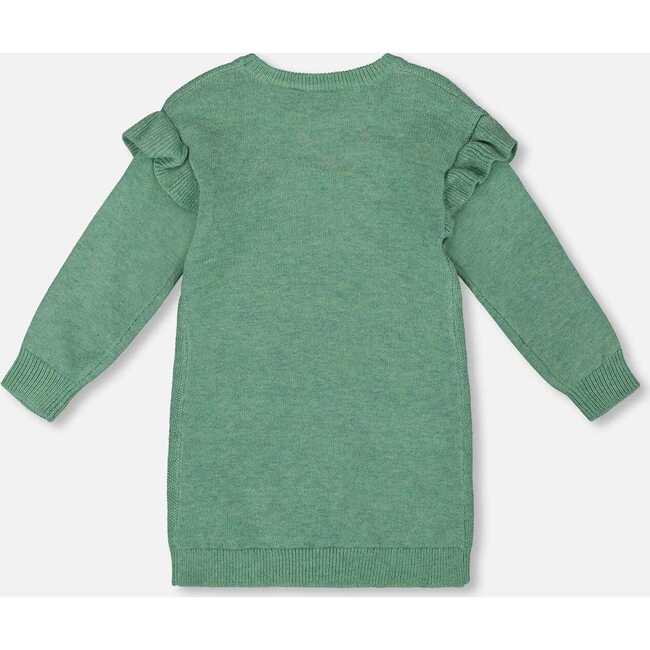Knitted Dress with Ruffles and Floral Embroidery, Sage Green - Dresses - 3