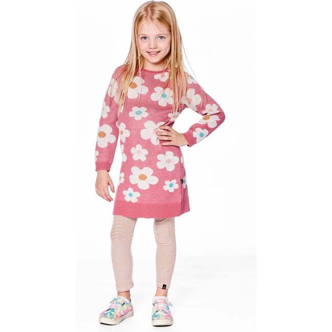 Knitted Dress with Flower Jacquard, Old Pink and Beige - Dresses - 2