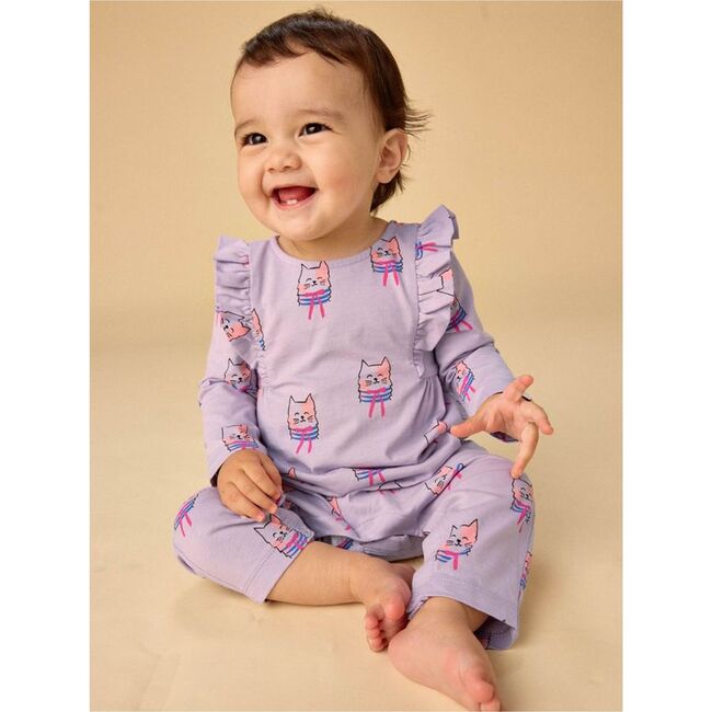 Ruffle Shoulder Baby Romper, Bow Tie Cats - Rompers - 2
