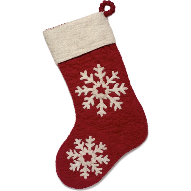 Hand Felted Wool Christmas Stocking, Snowflake on Red