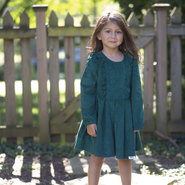 Long Sleeve Ruffle Dress in Green Corduroy - Dresses - 3