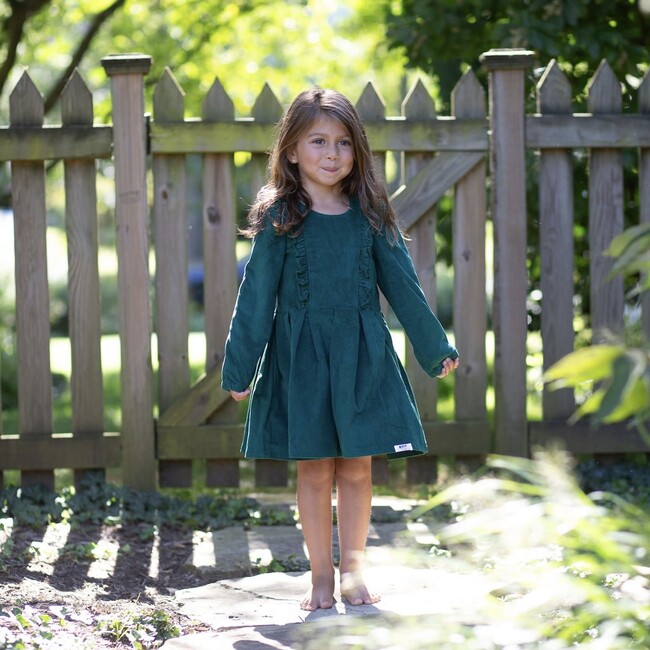 Long Sleeve Ruffle Dress in Green Corduroy - Dresses - 4