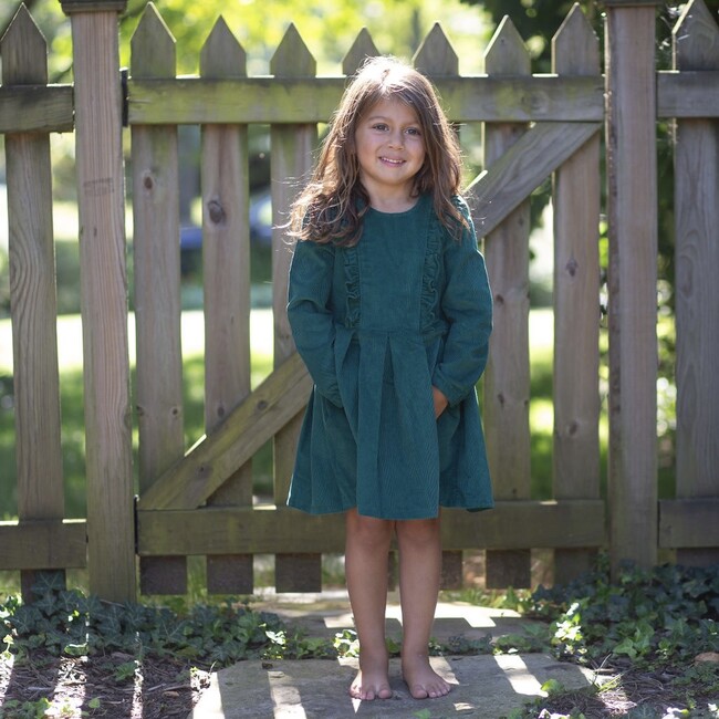 Long Sleeve Ruffle Dress in Green Corduroy - Dresses - 5