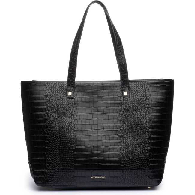 Vegan Leather Work Tote Bag with Removable Insulated Pouch, Black Croc