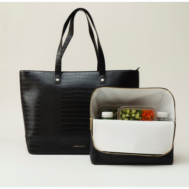 Vegan Leather Work Tote Bag with Removable Insulated Pouch, Black Croc - Lunchbags - 4