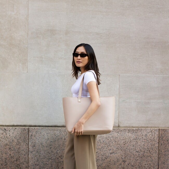 Vegan Leather Work Tote Bag with Removable Insulated Pouch, Cream - Lunchbags - 5