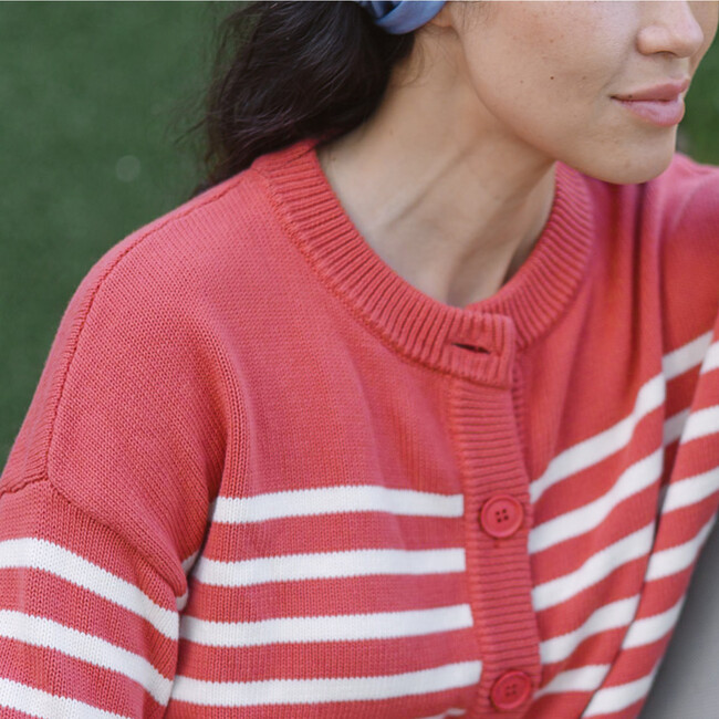 Women's Red And Cream Stripe Cropped Knit Cardigan - Cardigans - 3