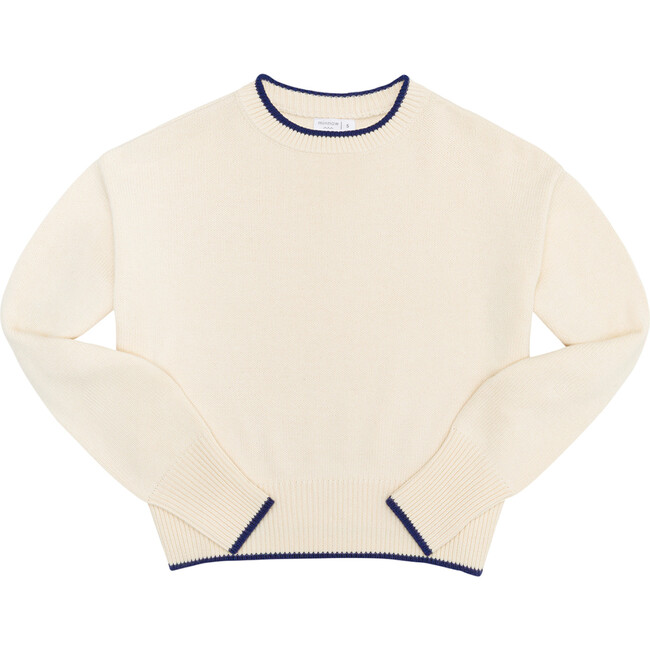 Women's Cropped Cream Sweater With Navy Trim