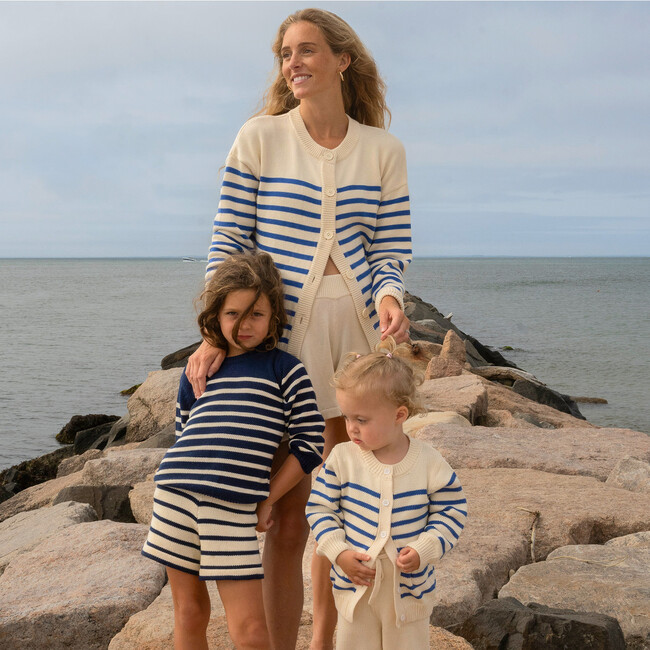 Women's Cream And Blue Stripe Knit Cardigan - Cardigans - 2