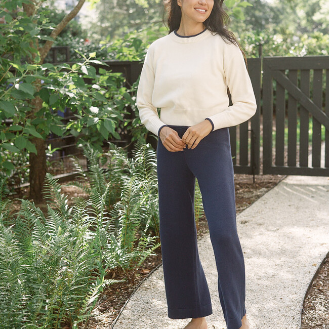 Women's Cropped Cream Sweater With Navy Trim - Sweaters - 5