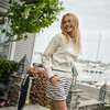 Women's Cropped Cream Sweater With Navy Trim - Sweaters - 6