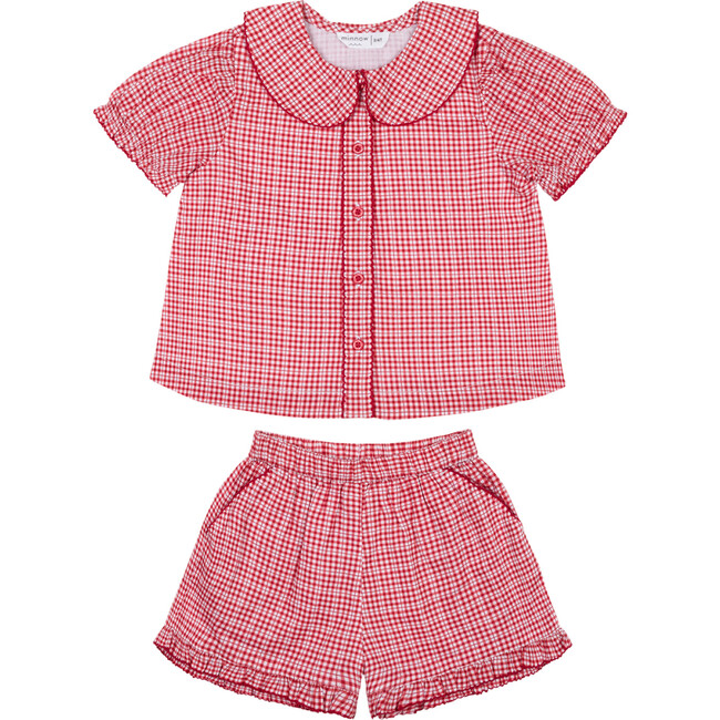Girls Poppy Gingham Puff Sleeve Top And Ruffle Short Set