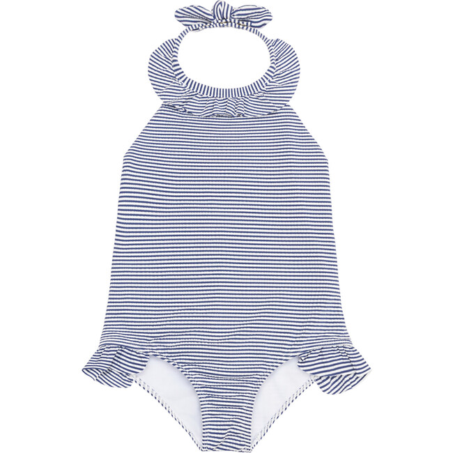 Girls Harbor Stripe Ruffle Halter One Piece